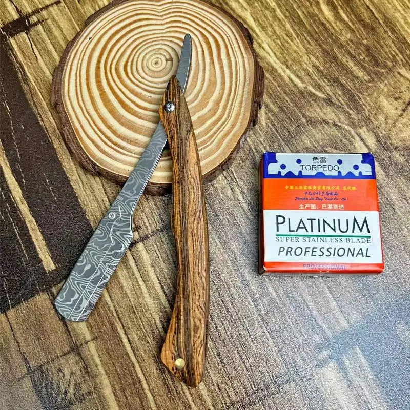 Tan Wood Handle Flip Straight Razor
