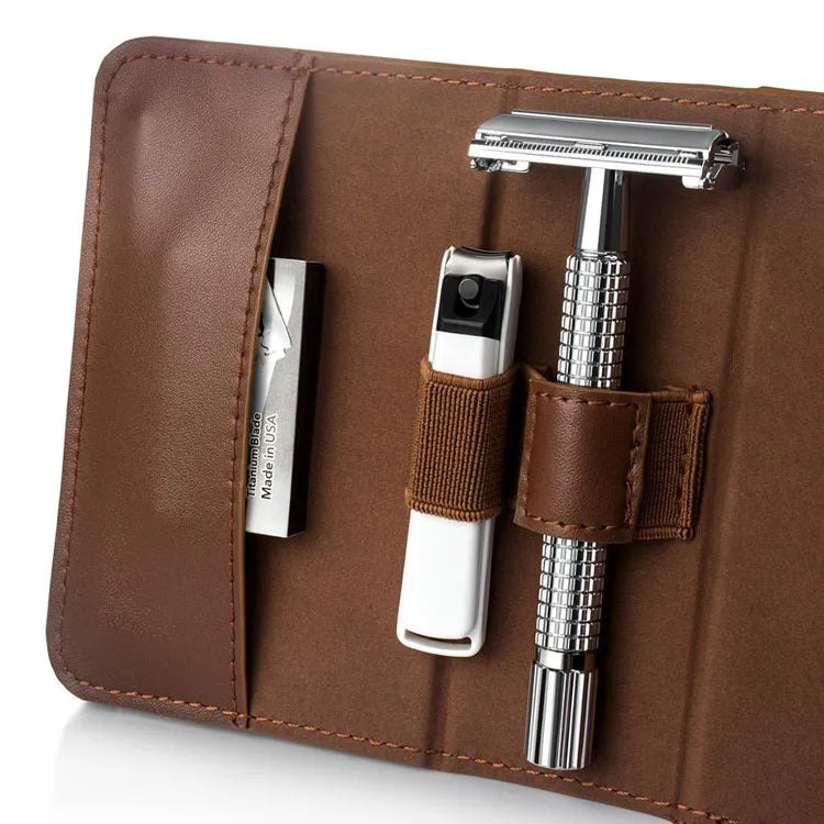 Wet Shaving Travel Kit: Snap-On Razor and Shaving Brush Case