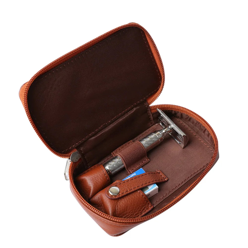 Luxurious Leather Travel Case for Double Edge Safety Razor and Wet Shaving Essentials