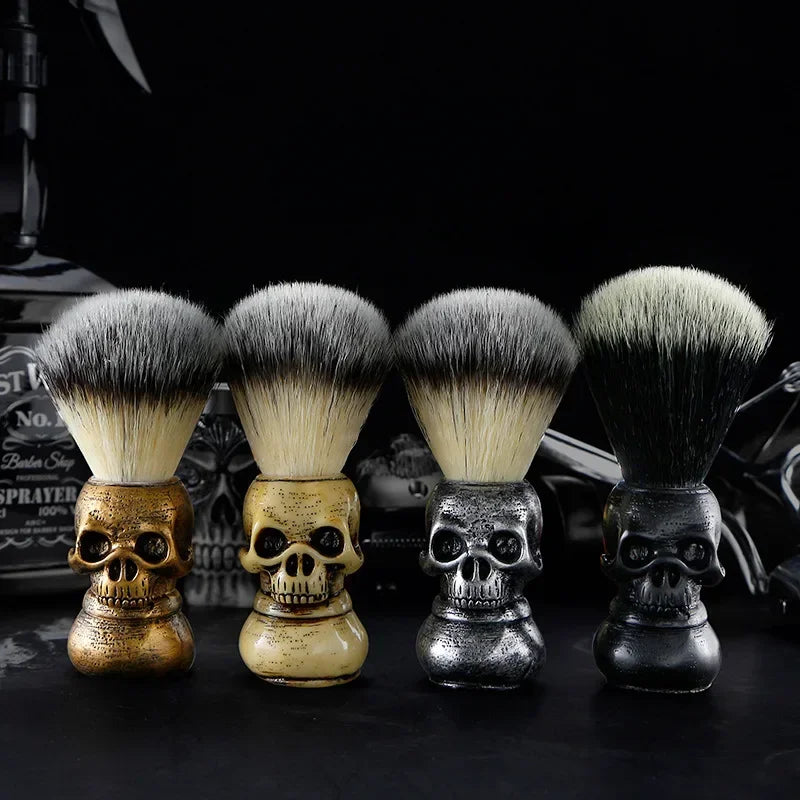 Skull-themed Shaving Brush and Foaming Soap Bowl Set - Essential Men's Grooming and Facial Cleansing Kit