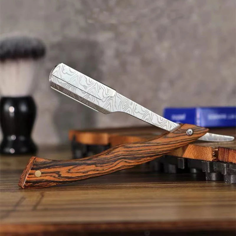 Tan Wood Handle Flip Straight Razor