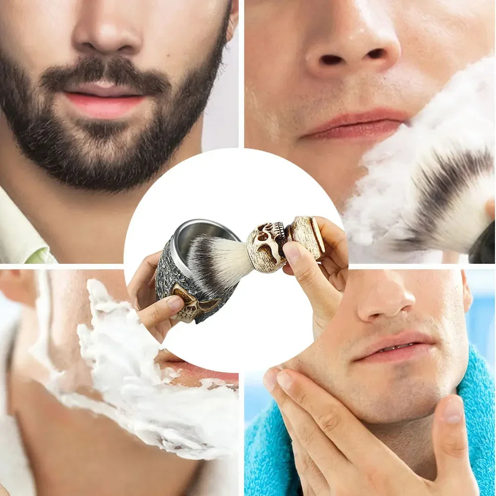 Skull-themed Shaving Brush and Foaming Soap Bowl Set - Essential Men's Grooming and Facial Cleansing Kit